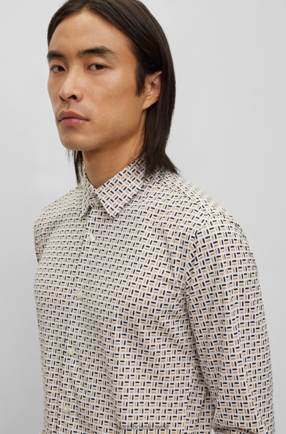 4TFNJN2980 اللون البيج Hugo Boss قميص Hugo ذو قصة ضيقة من القماش المنسوج المطبوع باللون البيج