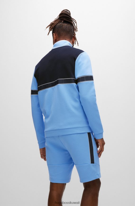 4TFNJN2982 أزرق Hugo Boss سويت شيرت بسحاب من مزيج القطن باللون الأزرق مع شريط شعار Hugo