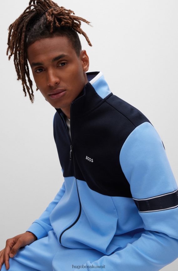 4TFNJN2982 أزرق Hugo Boss سويت شيرت بسحاب من مزيج القطن باللون الأزرق مع شريط شعار Hugo