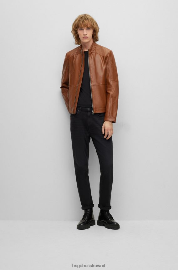 4TFNJN2985 بني Hugo Boss سترة هوغو لراكبي الدراجات النارية مصنوعة من الجلد باللون البني النحيف للغاية