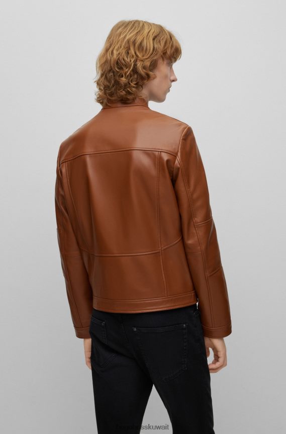 4TFNJN2985 بني Hugo Boss سترة هوغو لراكبي الدراجات النارية مصنوعة من الجلد باللون البني النحيف للغاية