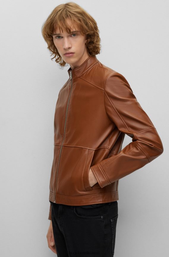 4TFNJN2985 بني Hugo Boss سترة هوغو لراكبي الدراجات النارية مصنوعة من الجلد باللون البني النحيف للغاية