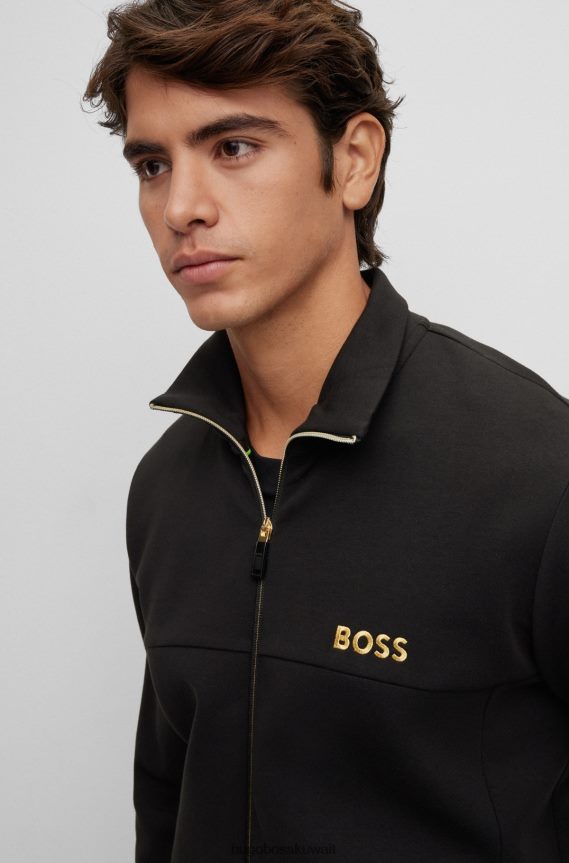 4TFNJN2990 أسود Hugo Boss سويت شيرت هوغو بسحاب من مزيج القطن مع شعار مطرز أسود