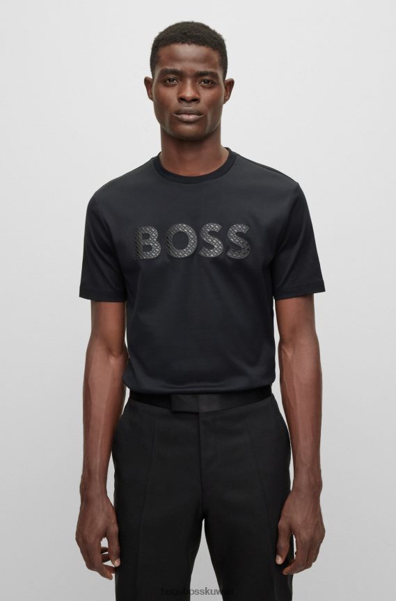 4TFNJN2999 أسود Hugo Boss تيشيرت بشعار Hugo محشو بشعار من القطن المتشابك باللون الأسود