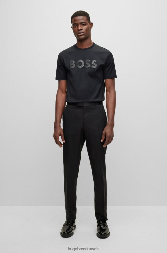 4TFNJN2999 أسود Hugo Boss تيشيرت بشعار Hugo محشو بشعار من القطن المتشابك باللون الأسود