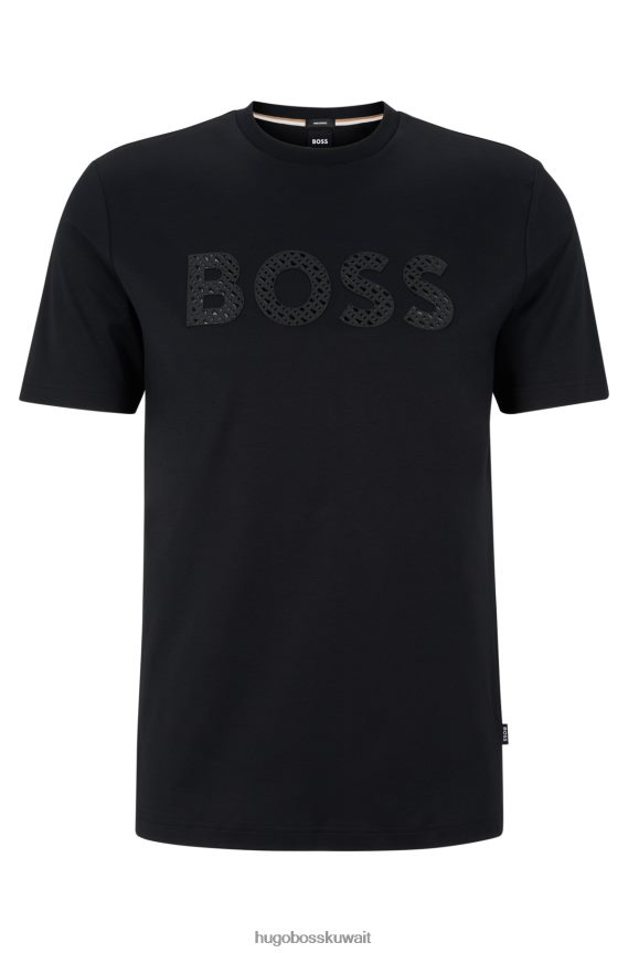 4TFNJN2999 أسود Hugo Boss تيشيرت بشعار Hugo محشو بشعار من القطن المتشابك باللون الأسود