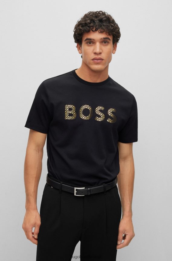 4TFNJN3000 أسود Hugo Boss تيشيرت بشعار مملوء بشعار المونوغرام من قطن هوغو الأسود المتشابك