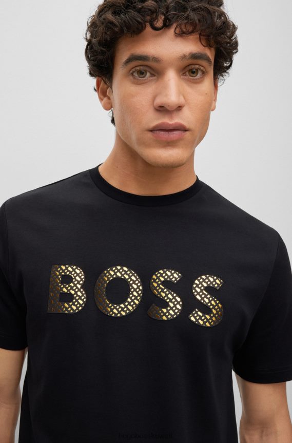 4TFNJN3000 أسود Hugo Boss تيشيرت بشعار مملوء بشعار المونوغرام من قطن هوغو الأسود المتشابك