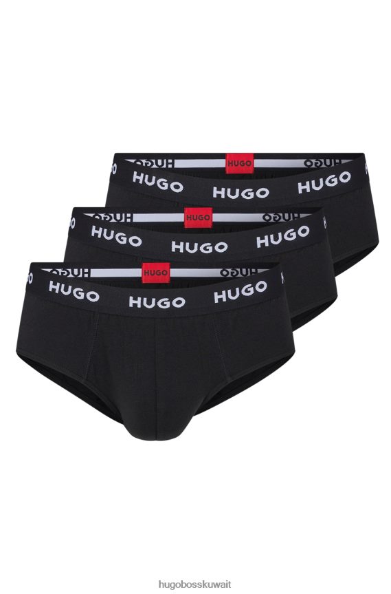 4TFNJN3013 أسود Hugo Boss حزمة من ثلاث سراويل داخلية من القطن المطاطي مع أحزمة خصر تحمل شعار Hugo باللون الأسود