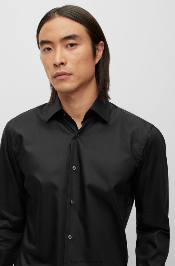 4TFNJN3014 أسود Hugo Boss قميص بقصة عادية من قماش البوبلين القطني سهل الكي باللون الأسود
