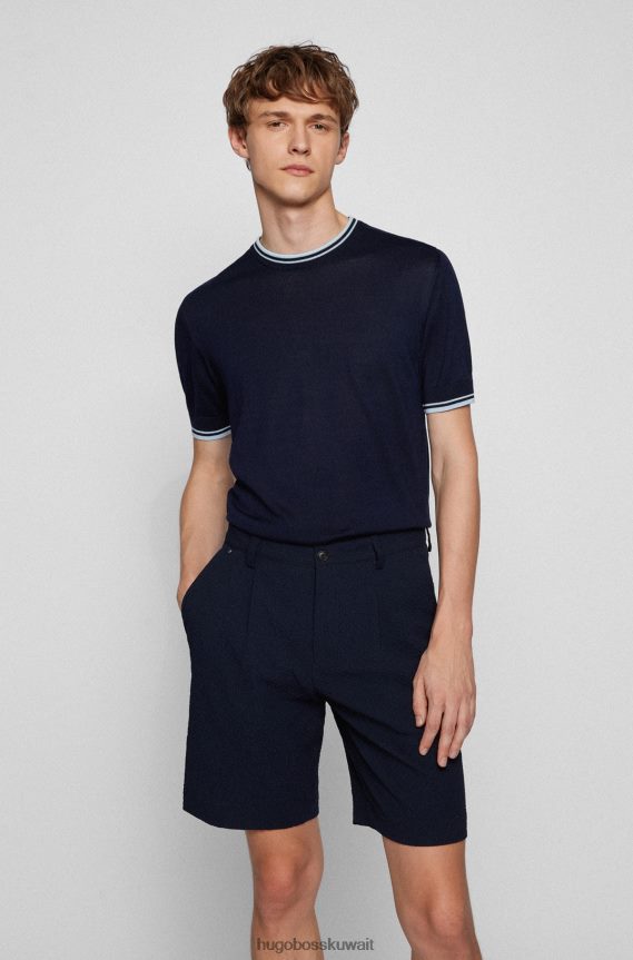 4TFNJN3018 أزرق غامق Hugo Boss سترة من القطن المرسيري بقصة عادية مع حواف مخططة باللون الأزرق الداكن