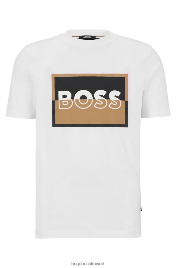 4TFNJN3027 أبيض Hugo Boss تي شيرت بقصة ضيقة من القطن المرسيري مع شعار هوغو أبيض منقسم