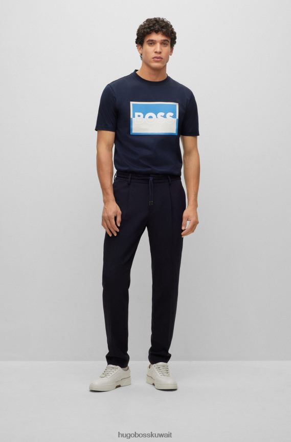4TFNJN3028 أزرق غامق Hugo Boss تي شيرت Hugo ذو قصة ضيقة باللون الأزرق الداكن من القطن المرسيري مع شعار منقسم
