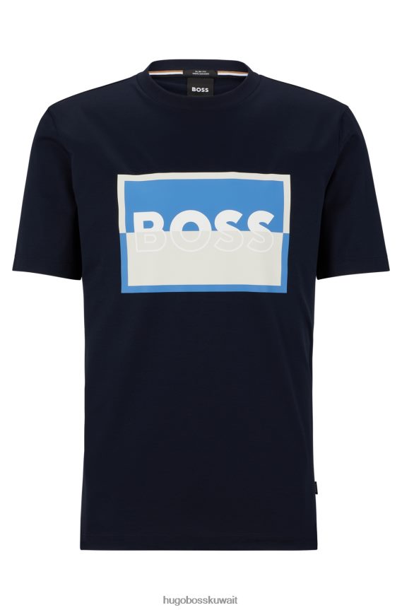 4TFNJN3028 أزرق غامق Hugo Boss تي شيرت Hugo ذو قصة ضيقة باللون الأزرق الداكن من القطن المرسيري مع شعار منقسم