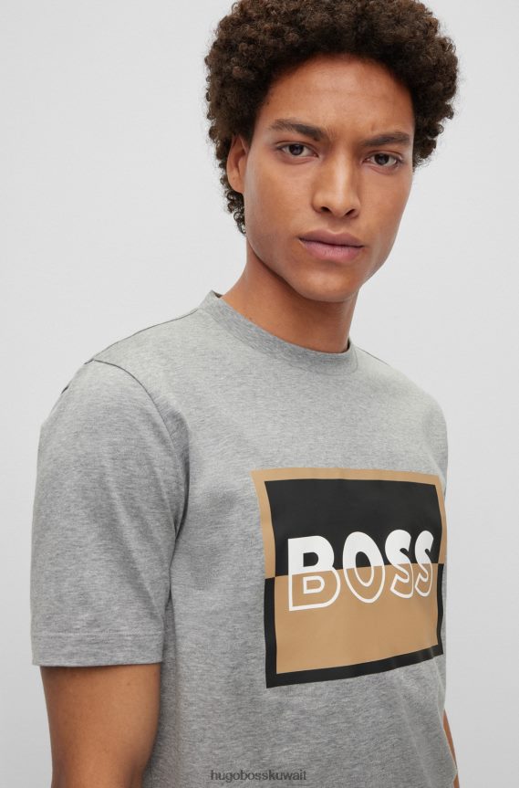 4TFNJN3029 رمادي Hugo Boss تي شيرت هوغو رمادي بقصة ضيقة من القطن المرسيري مع شعار منقسم