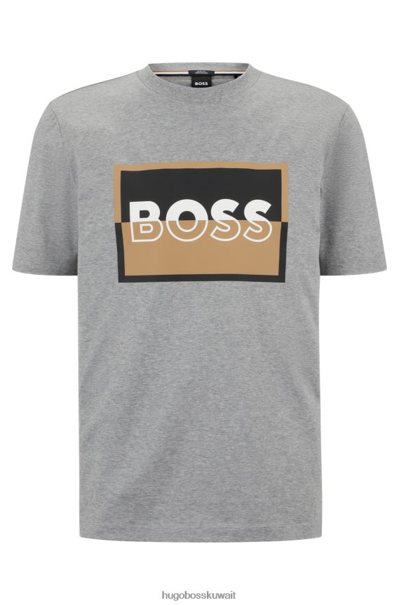 4TFNJN3029 رمادي Hugo Boss تي شيرت هوغو رمادي بقصة ضيقة من القطن المرسيري مع شعار منقسم