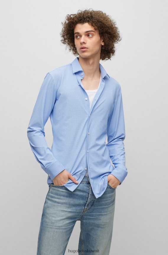 4TFNJN3033 أزرق فاتح Hugo Boss قميص بقصّة ضيّقة مصنوع من قماش هوغو المطاطي ذو الطباعة الدقيقة باللون الأزرق الفاتح