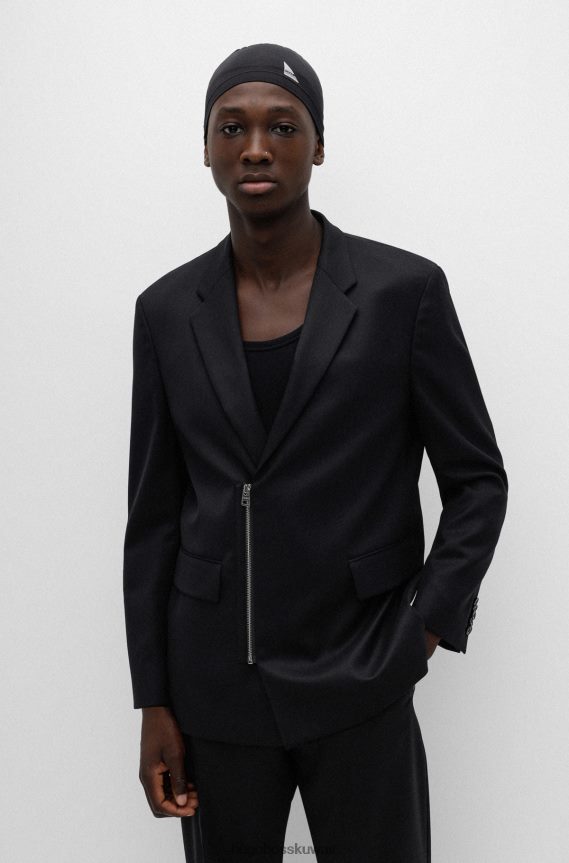 4TFNJN3048 أسود Hugo Boss سترة مريحة من القماش المطاطي مع سحاب للإغلاق باللون الأسود