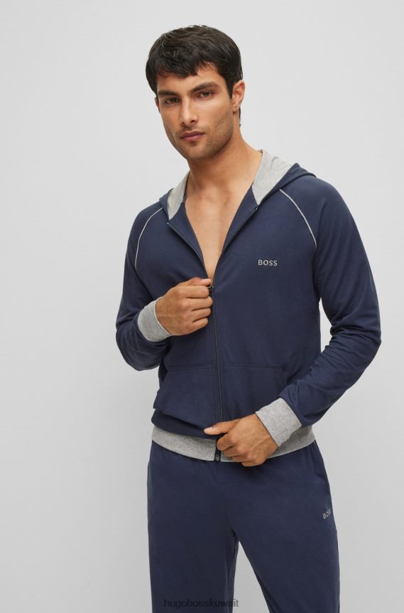 4TFNJN3049 أزرق غامق Hugo Boss سترة بغطاء للرأس من القطن المطاطي من هوغو باللون الأزرق الداكن مع أشرطة وشعار