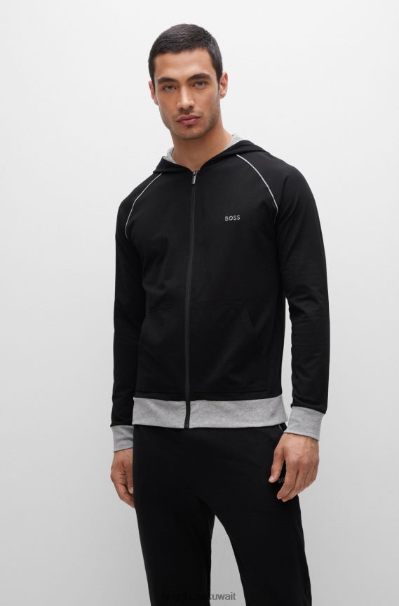 4TFNJN3050 أسود Hugo Boss سترة بغطاء للرأس من القطن المطاطي باللون الأسود من Hugo مع أشرطة وشعار