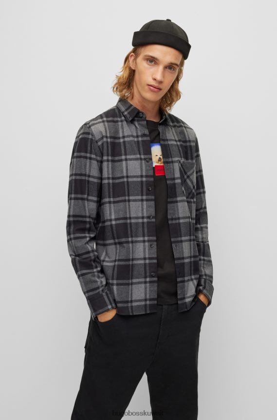 4TFNJN3058 أسود Hugo Boss قميص Hugo بأزرار سفلية بأزرار سفلية من قطن الفانيلا المربع باللون الأسود