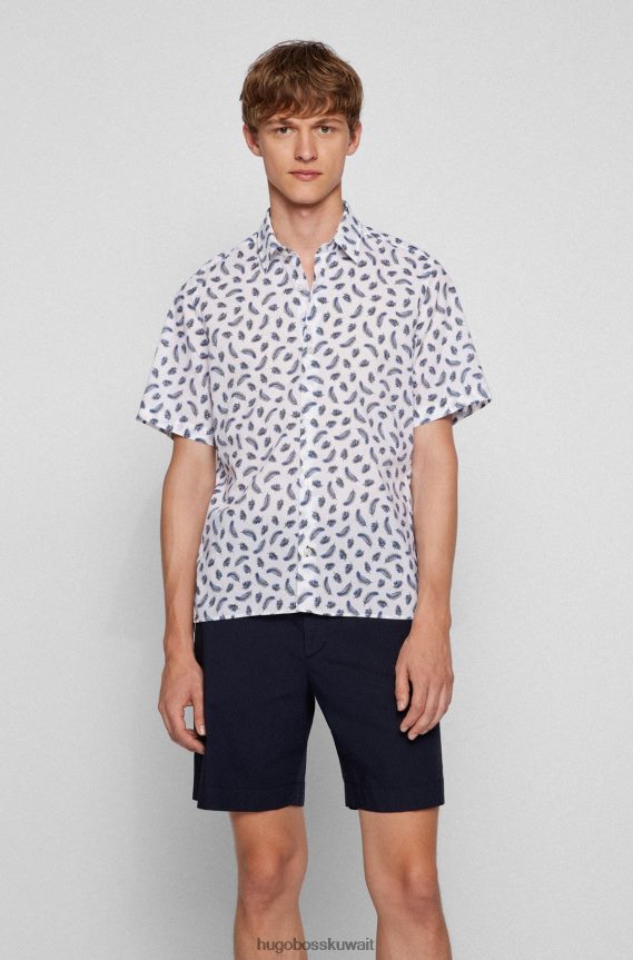 4TFNJN3059 أزرق غامق Hugo Boss قميص بقصة عادية مصنوع من قطن الموسلين المطبوع باللون الأزرق الداكن