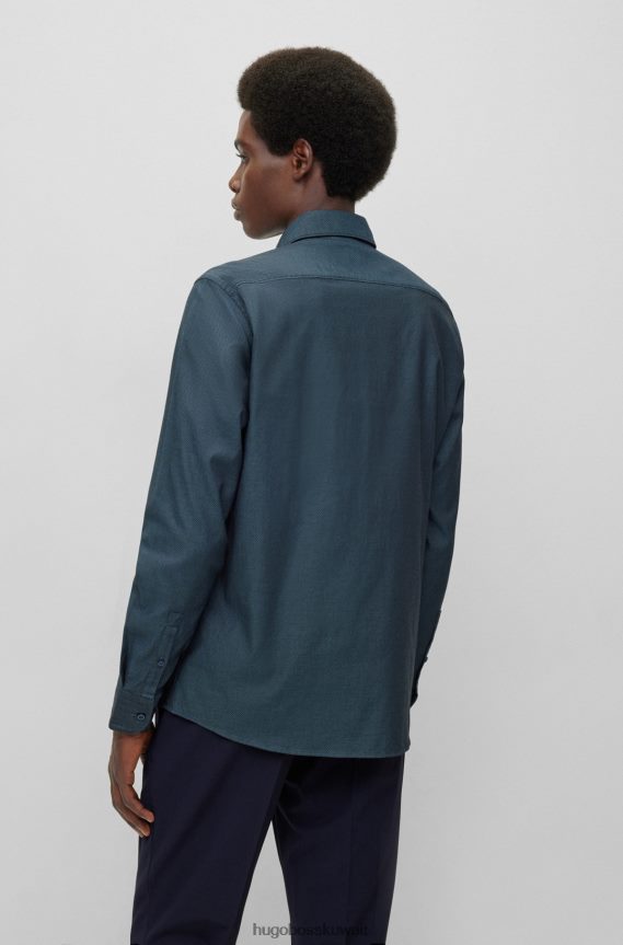 4TFNJN3063 أزرق Hugo Boss قميص Hugo الأزرق النحيف مصنوع من القطن المطاطي ذو البنية الدقيقة