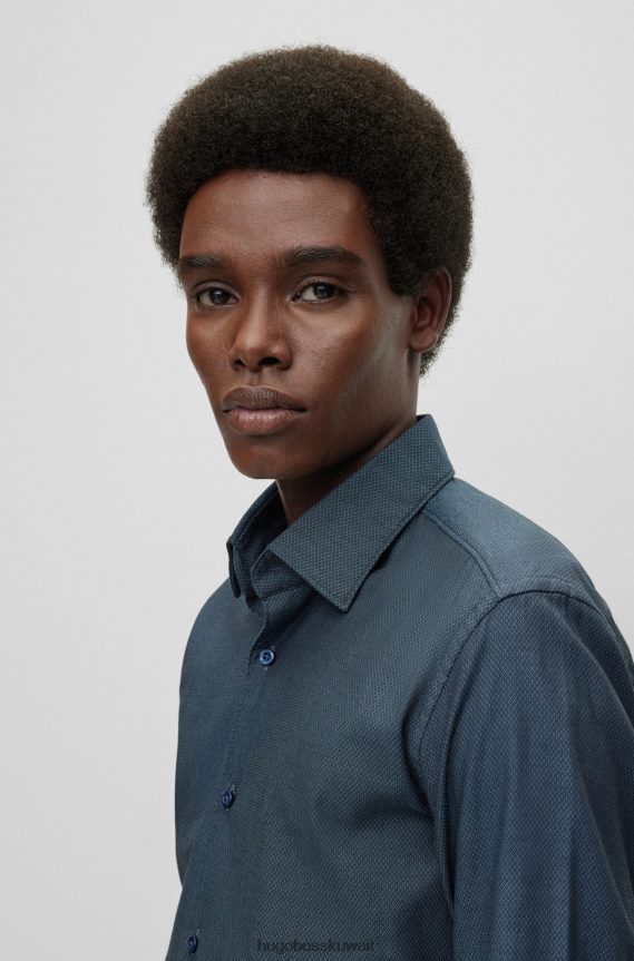 4TFNJN3063 أزرق Hugo Boss قميص Hugo الأزرق النحيف مصنوع من القطن المطاطي ذو البنية الدقيقة