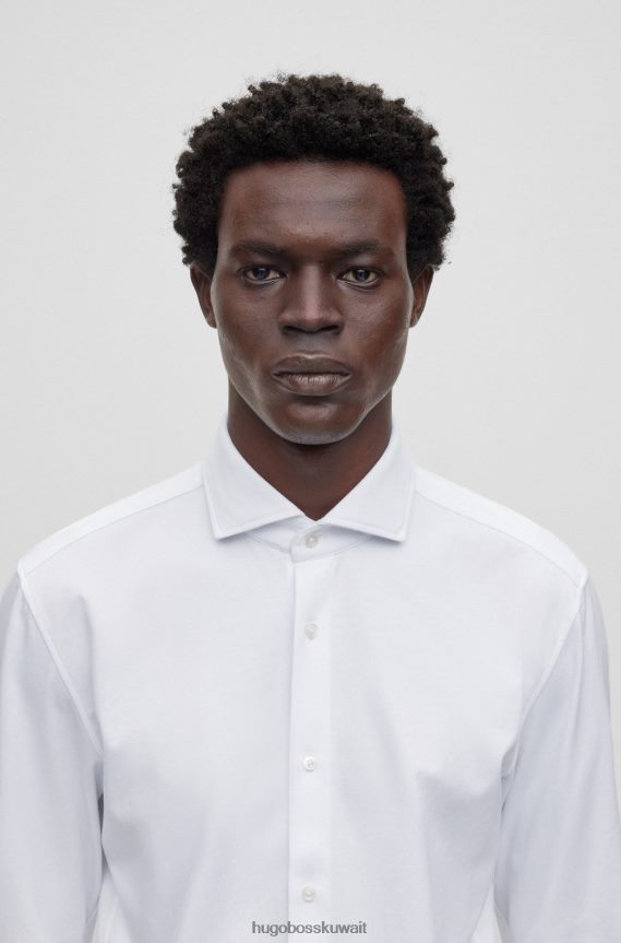 4TFNJN3065 أبيض Hugo Boss قميص بقصة ضيقة مصنوع من الجيرسيه المطاطي ذو الأداء المنظم باللون الأبيض