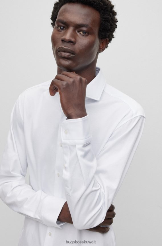 4TFNJN3065 أبيض Hugo Boss قميص بقصة ضيقة مصنوع من الجيرسيه المطاطي ذو الأداء المنظم باللون الأبيض