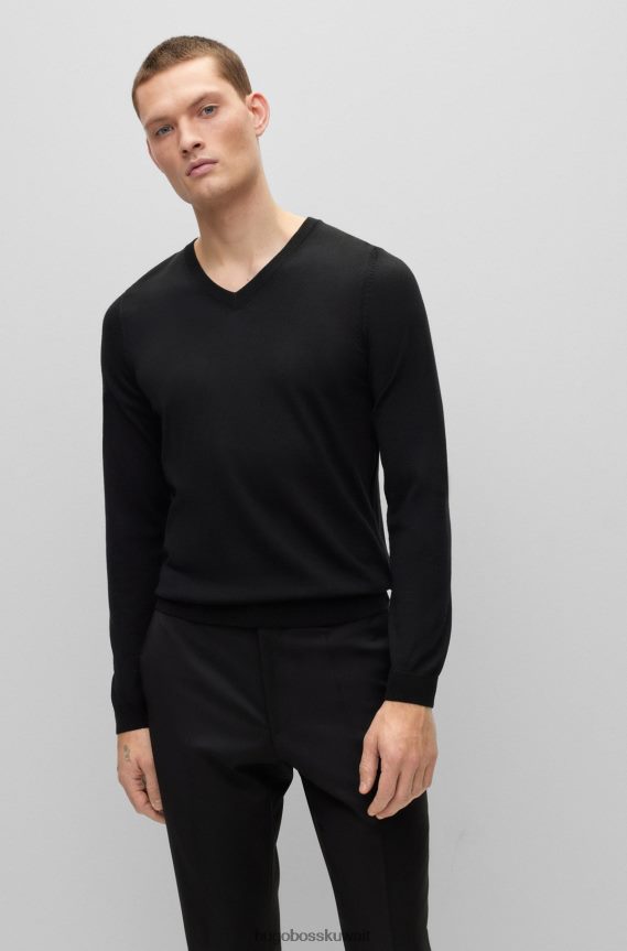 4TFNJN3071 أسود Hugo Boss سترة ضيقة برقبة على شكل حرف V من الصوف البكر باللون الأسود