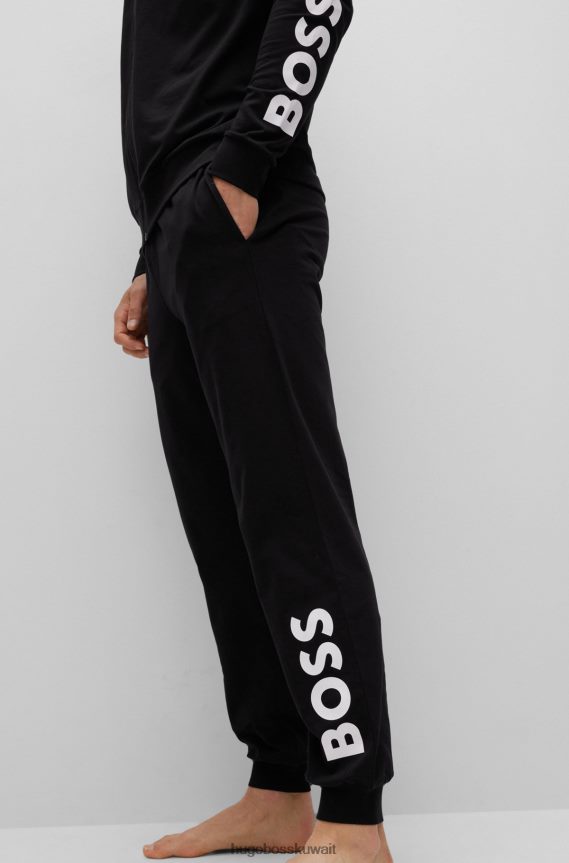 4TFNJN3084 أسود Hugo Boss بدلة رياضية بيجامة من القطن المطاطي مع شعارات متباينة من Hugo باللون الأسود