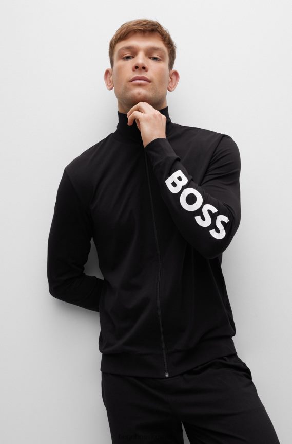 4TFNJN3084 أسود Hugo Boss بدلة رياضية بيجامة من القطن المطاطي مع شعارات متباينة من Hugo باللون الأسود