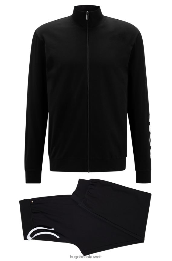 4TFNJN3084 أسود Hugo Boss بدلة رياضية بيجامة من القطن المطاطي مع شعارات متباينة من Hugo باللون الأسود