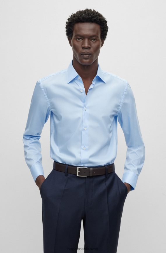 4TFNJN3089 أزرق فاتح Hugo Boss قميص Hugo ذو قصة ضيقة باللون الأزرق الفاتح مصنوع من قماش البوبلين القطني سهل الكي