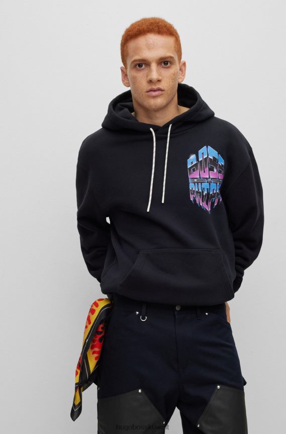 4TFNJN3092 أسود Hugo Boss سترة بغطاء للرأس من phipps مقاس كبير من القطن العضوي