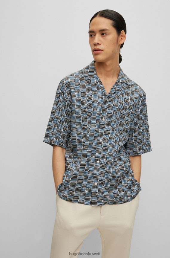 4TFNJN3093 أزرق غامق Hugo Boss قميص بقصة عادية من نسيج التويل المُعاد تدويره مع طباعة المربعات باللون الأزرق الداكن