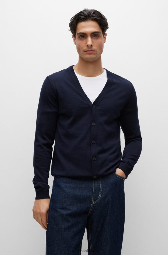 4TFNJN3095 أزرق غامق Hugo Boss سترة صوفية بأزرار من الصوف البكر مع شعار هوغو مطرز باللون الأزرق الداكن