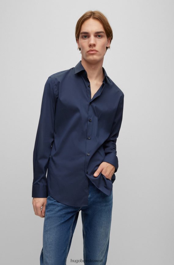 4TFNJN3097 أزرق غامق Hugo Boss قميص Hugo ذو قصة ضيقة باللون الأزرق الداكن من قماش البوبلين المصنوع من مزيج القطن