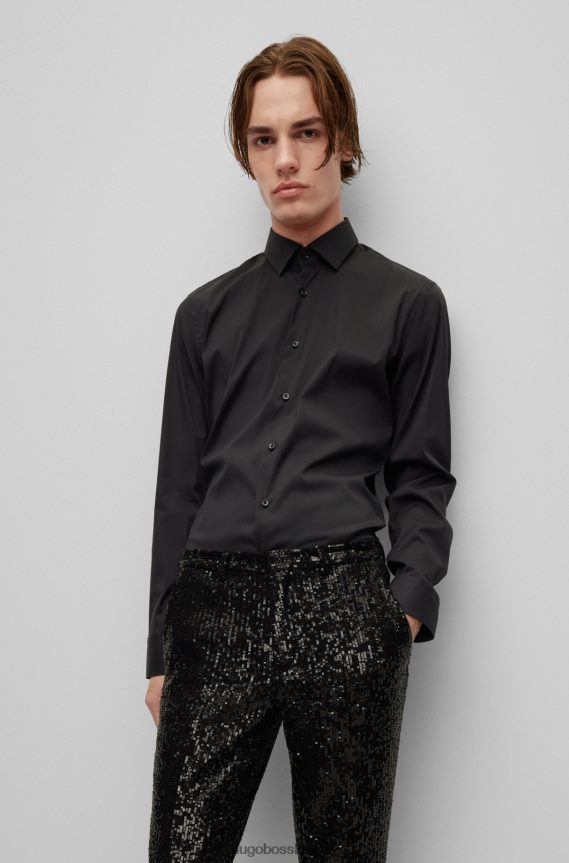 4TFNJN3099 أسود Hugo Boss قميص بقصّة ضيّقة من قماش البوبلين الأسود من مزيج القطن