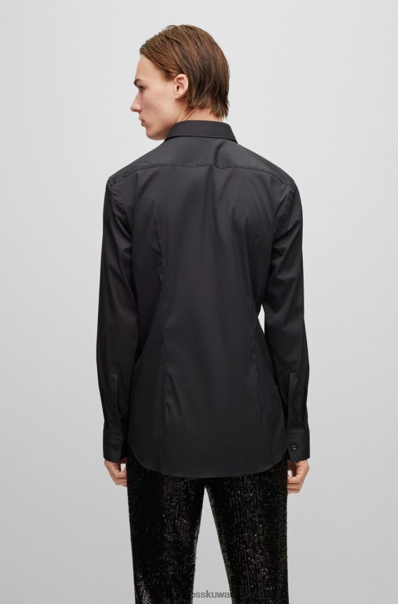 4TFNJN3099 أسود Hugo Boss قميص بقصّة ضيّقة من قماش البوبلين الأسود من مزيج القطن