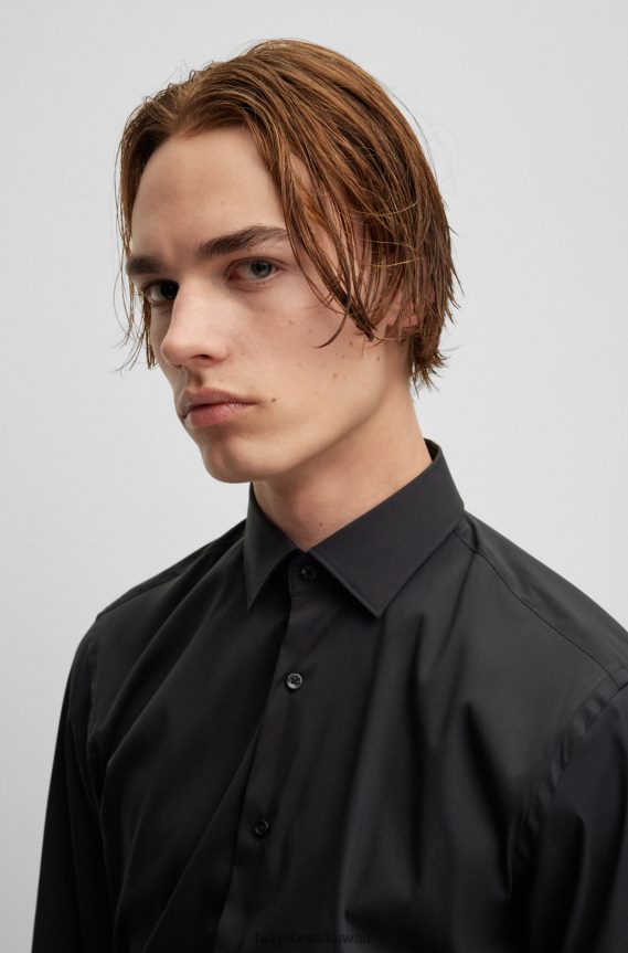 4TFNJN3099 أسود Hugo Boss قميص بقصّة ضيّقة من قماش البوبلين الأسود من مزيج القطن
