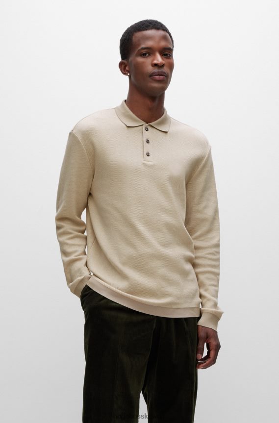 4TFNJN3107 البيج الفاتح Hugo Boss قميص بولو بأكمام طويلة من القطن والكشمير، هوغو باللون البيج الفاتح