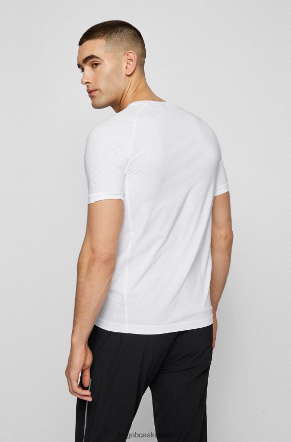 4TFNJN3118 أبيض Hugo Boss تي شيرت بقصة ضيقة من القطن المطاطي مع شعار عمل فني باللون الأبيض
