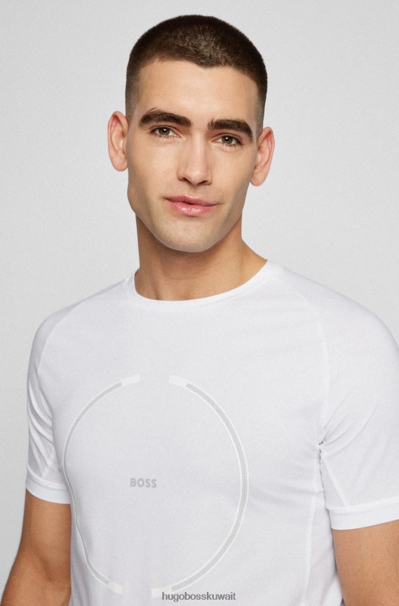 4TFNJN3118 أبيض Hugo Boss تي شيرت بقصة ضيقة من القطن المطاطي مع شعار عمل فني باللون الأبيض