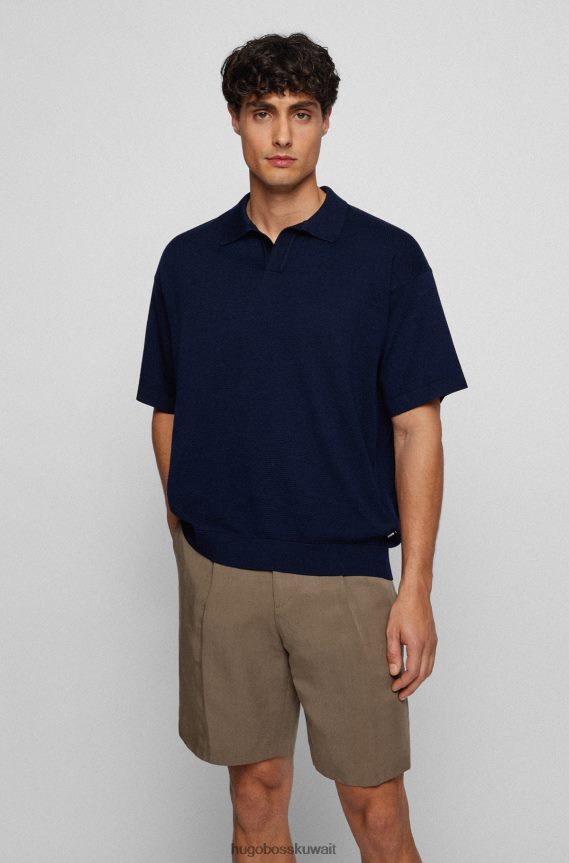 4TFNJN3121 أزرق غامق Hugo Boss سترة هوغو زرقاء داكنة من القطن المرسيري بقصّة مريحة مع ياقة جوني