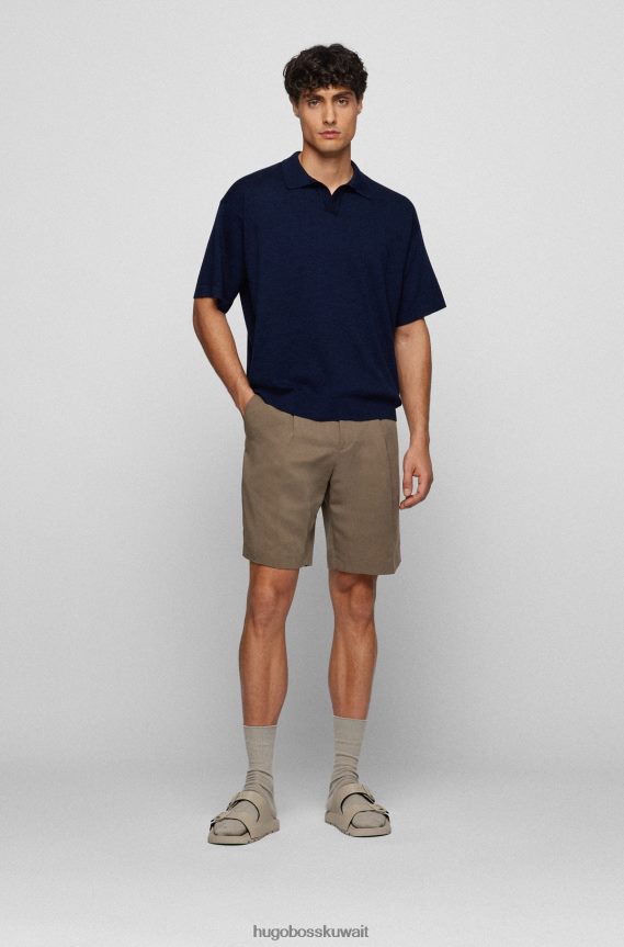 4TFNJN3121 أزرق غامق Hugo Boss سترة هوغو زرقاء داكنة من القطن المرسيري بقصّة مريحة مع ياقة جوني