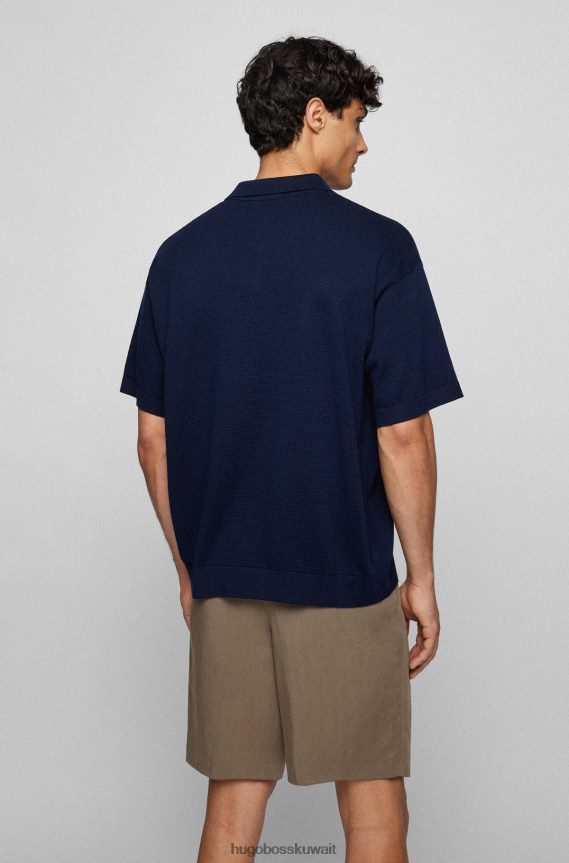 4TFNJN3121 أزرق غامق Hugo Boss سترة هوغو زرقاء داكنة من القطن المرسيري بقصّة مريحة مع ياقة جوني