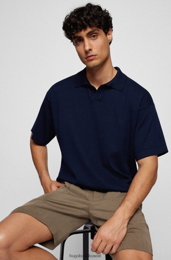 4TFNJN3121 أزرق غامق Hugo Boss سترة هوغو زرقاء داكنة من القطن المرسيري بقصّة مريحة مع ياقة جوني