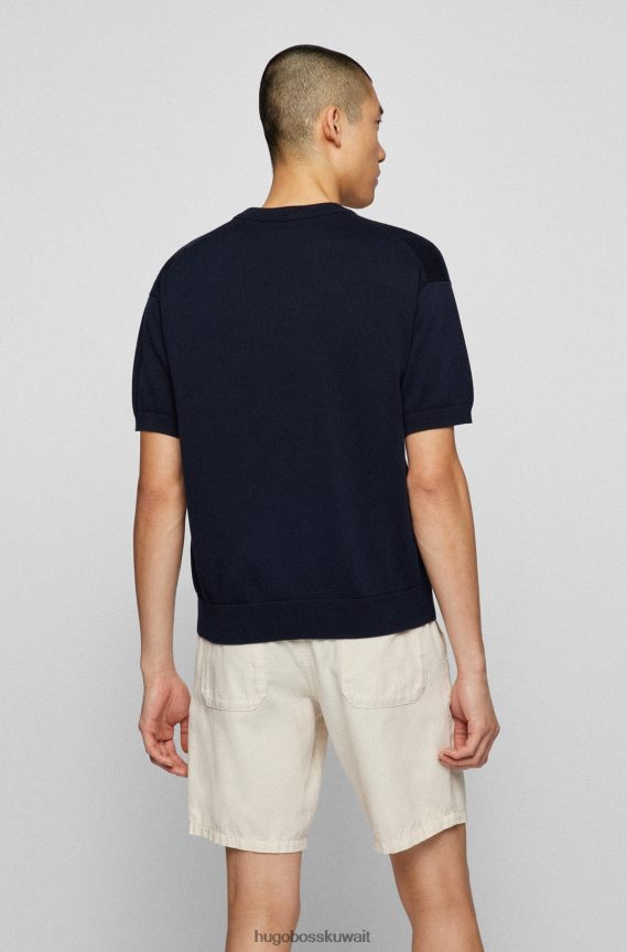 4TFNJN3124 أزرق غامق Hugo Boss سترة من القطن المحبوك بأكمام قصيرة مع شعار مطرز باللون الأزرق الداكن